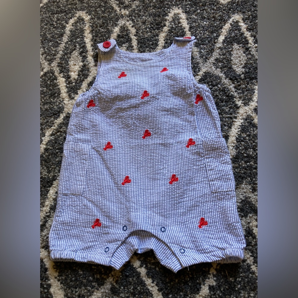 Nursery Rhyme 3-6 months bumbler red lobster seer sucker blue and white